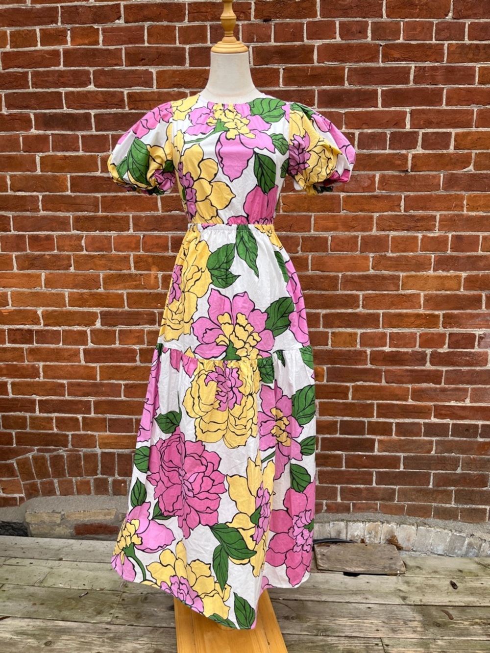 Banjanan Valeria Floral Puff-Sleeve Maxi Dress in Pink & Yellow